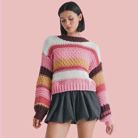 Mock Neck Colorful Striped Knit Sweater - Picture 3 of 3